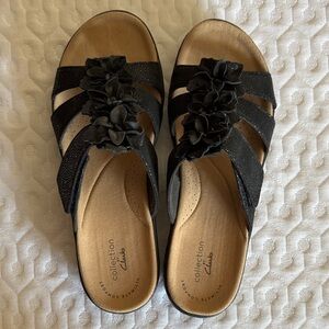 Clarks Black Strappy Sandals with Floral Detail